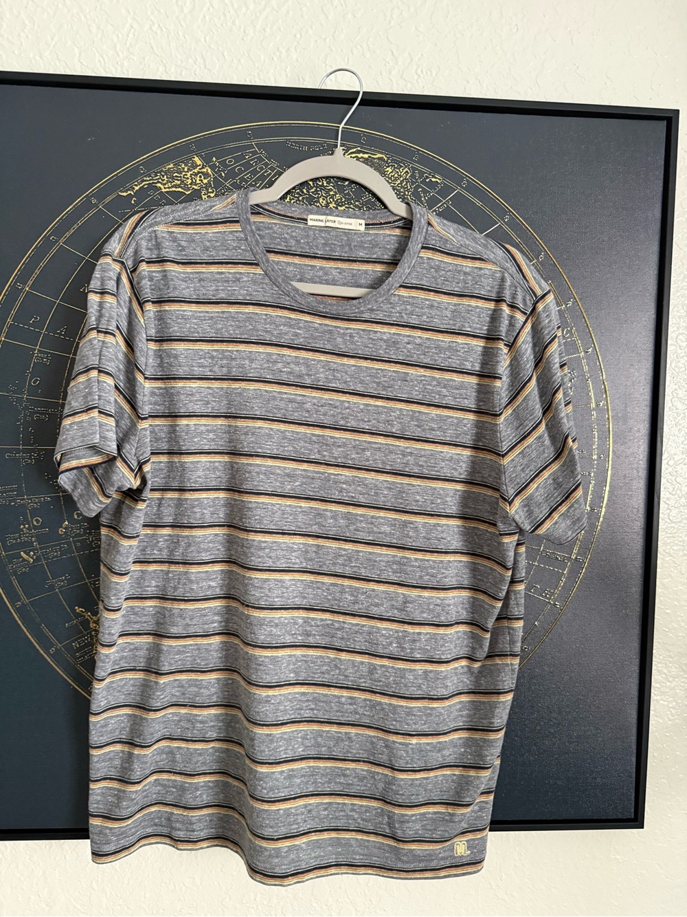 Marine Layer Men's Gray Crewneck Tee with Tan Stripes